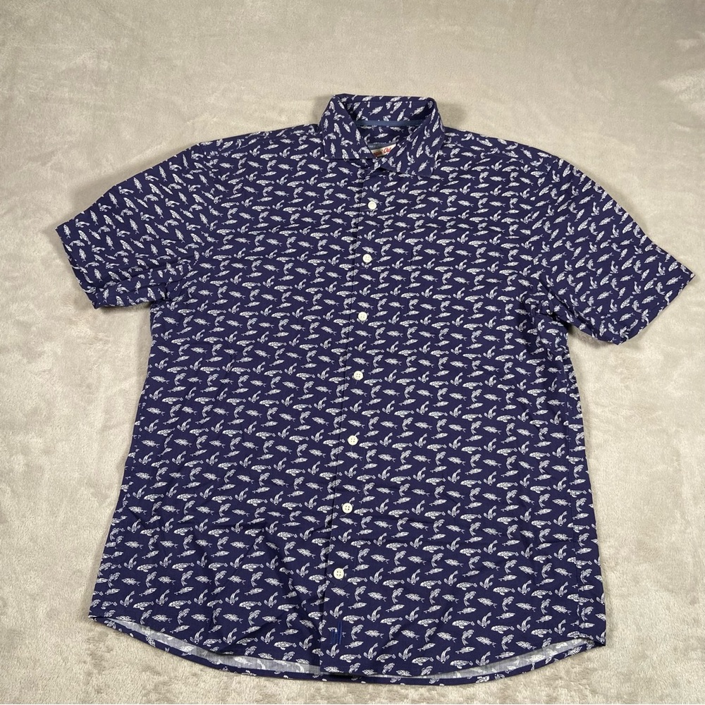 Johnnie O Shirt Mens Medium Blue Koi Fish Button Up Casual Hangin Out
